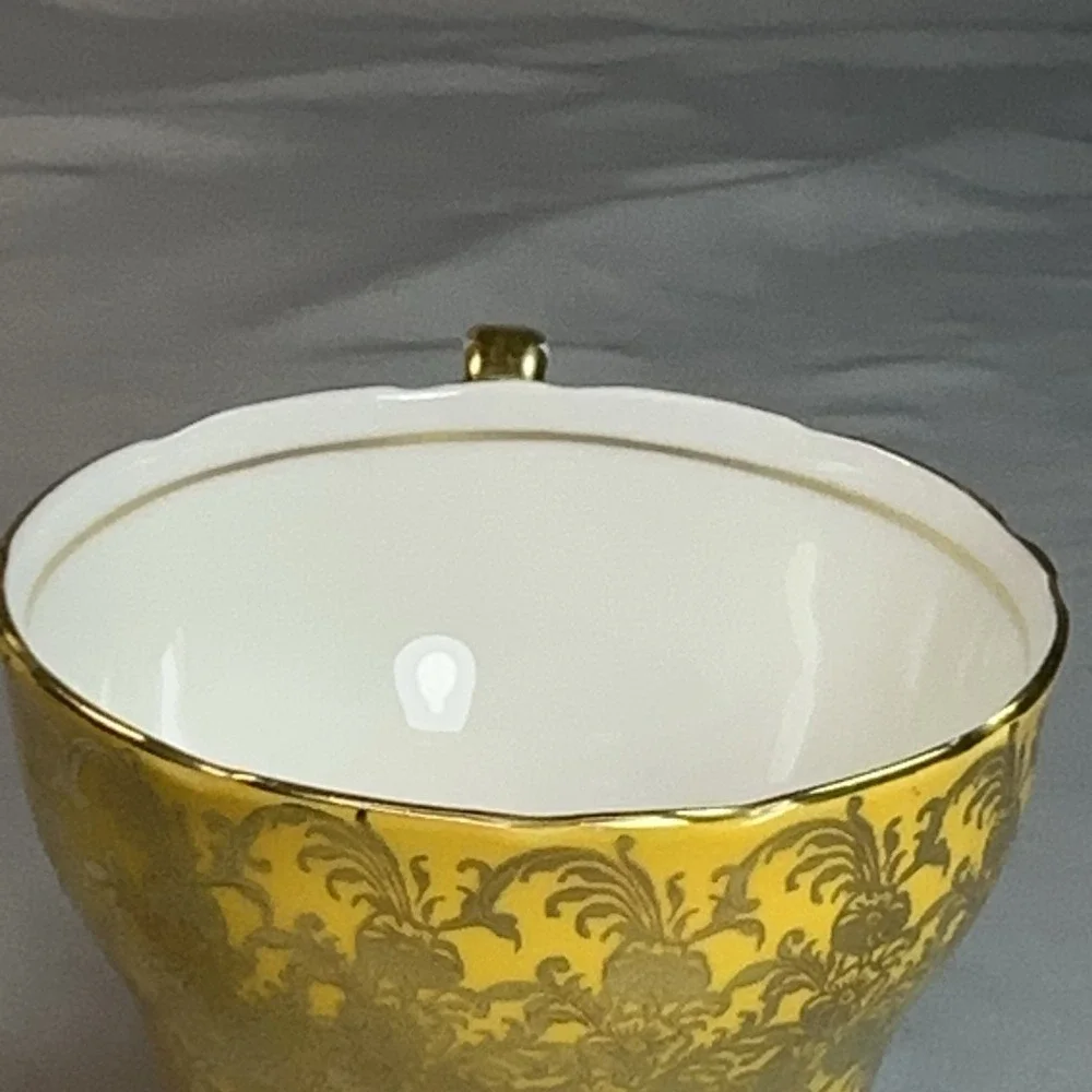 Rare Aynsley Teacup Saucer Mustard Yellow‎ Heavy Gold Scroll England Vtg C869